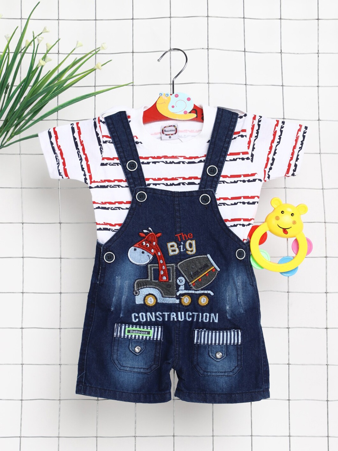 

V-Mart Infants Kids Striped Cotton Denim T-shirt With Dungarees, Red