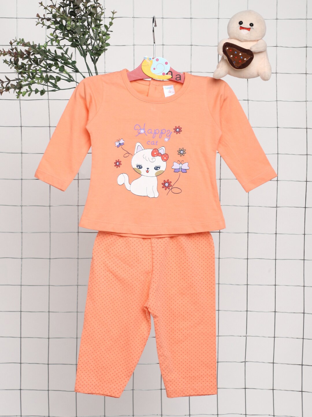 

V-Mart Infant Graphic Printed Pure Cotton Top with Leggings, Orange