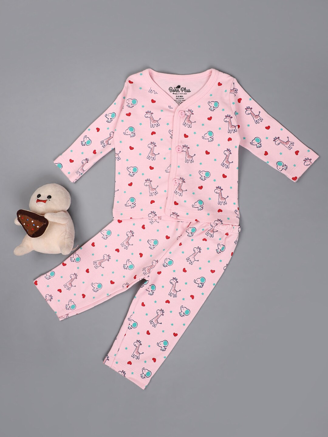 

V-Mart Unisex Printed V-Neck Pure Cotton Clothing Set, Pink