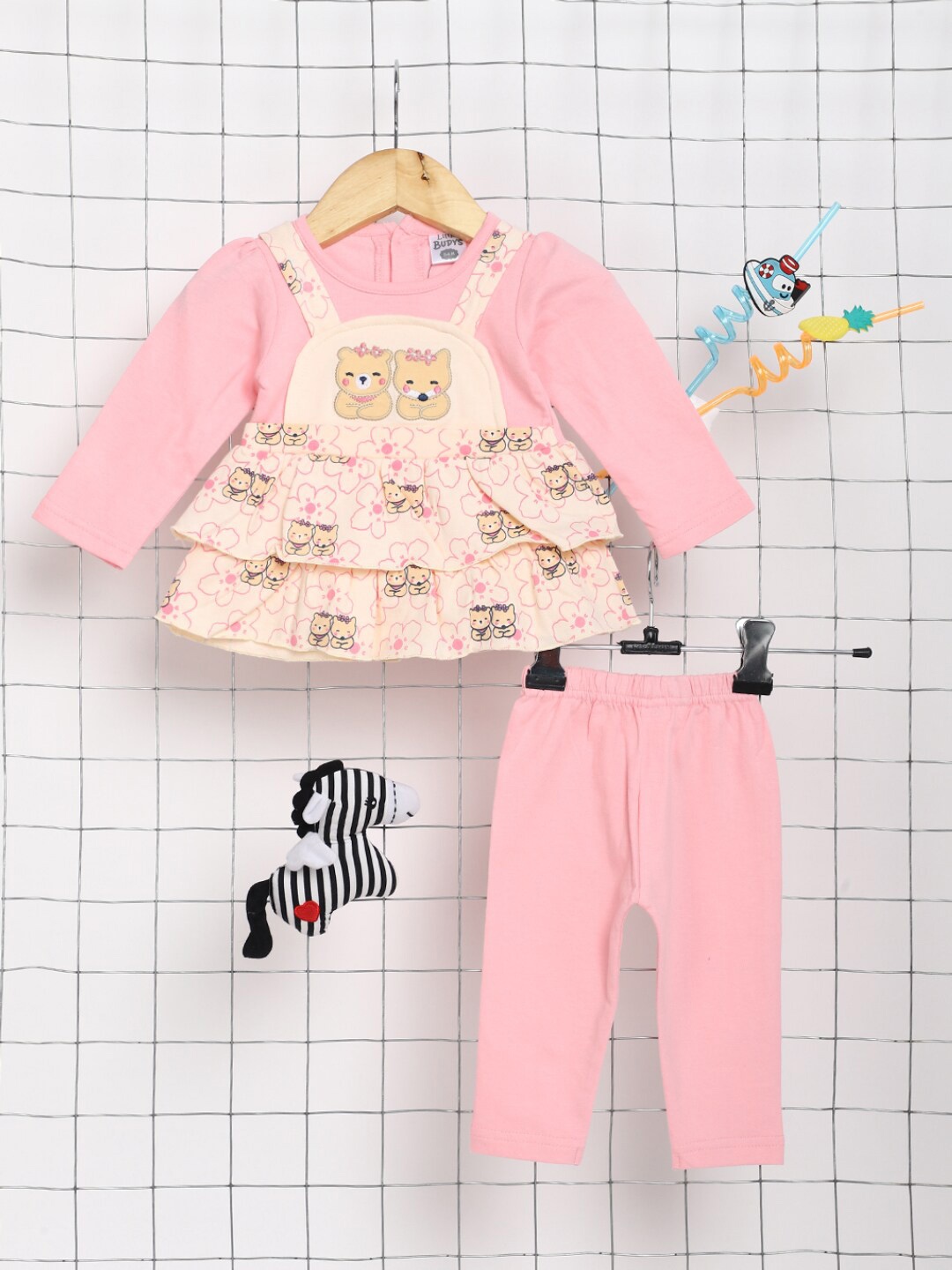 

V-Mart Infants Kids Conversational Printed Pure Cotton Top With Leggings, Pink