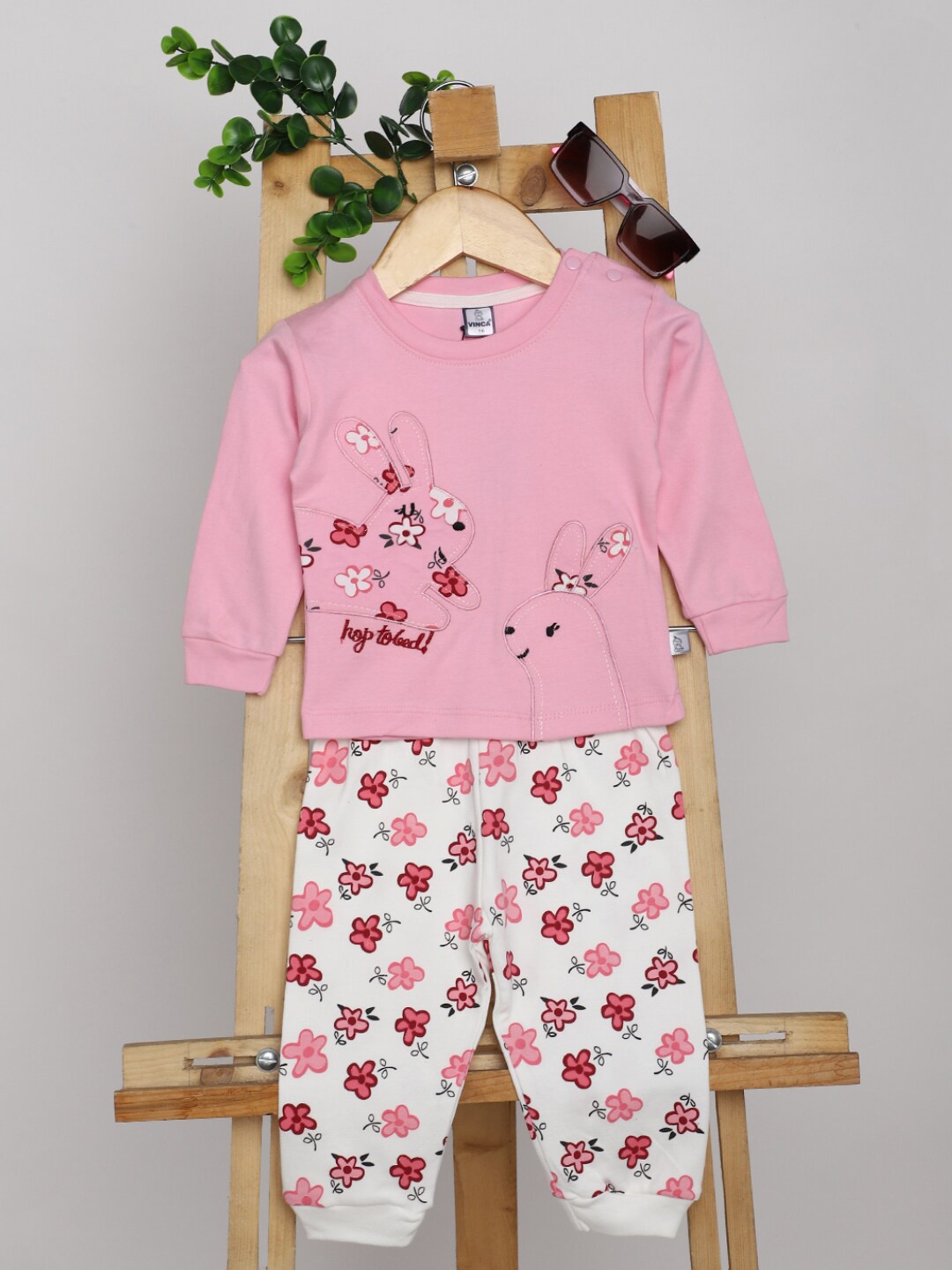 

V-Mart Kids Graphic Printed Pure Cotton Top with Trousers, Pink