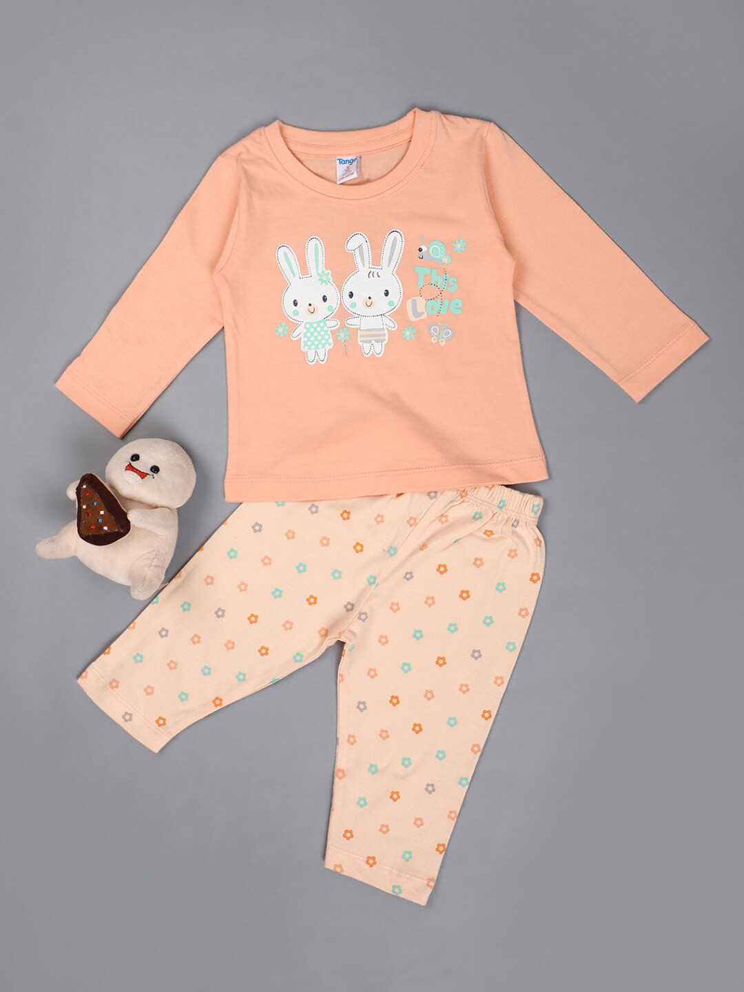 

V-Mart Unisex Kids Graphic Printed Pure Cotton T-shirt with Trousers, Orange