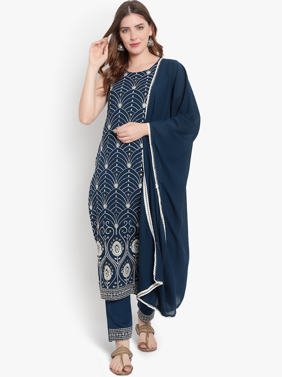 

Hinayat Fashion Ethnic Motifs Embroidered Kurta with Trousers & Dupatta, Blue