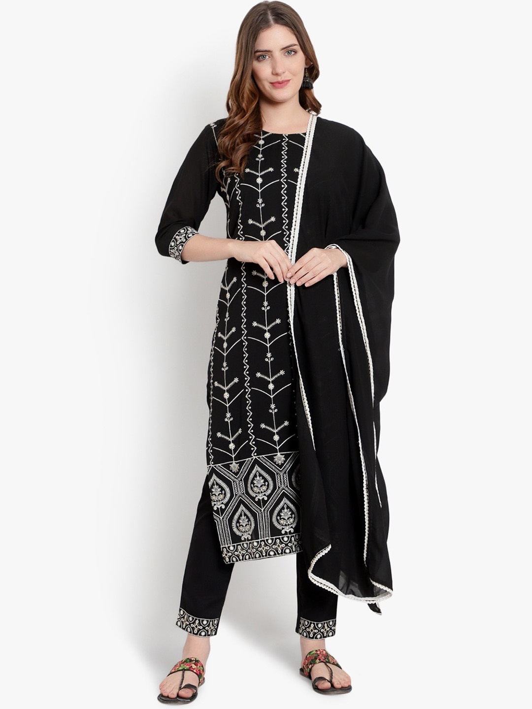 

Hinayat Fashion Ethnic Motifs Embroidered Thread Work Silk Georgette Kurta with Trousers, Black