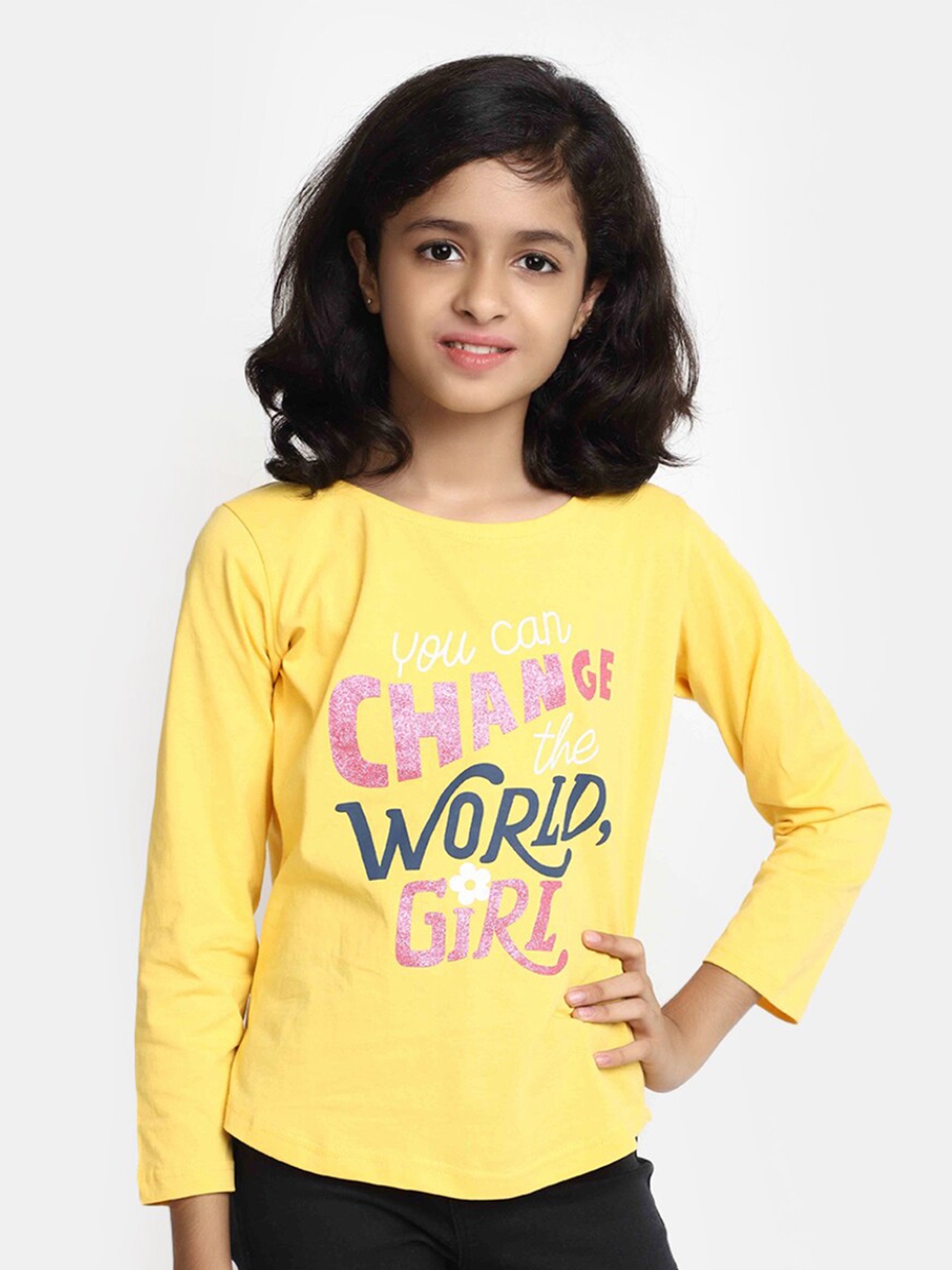 

V-Mart Girls Typographic Printed Cotton T-shirt, Yellow