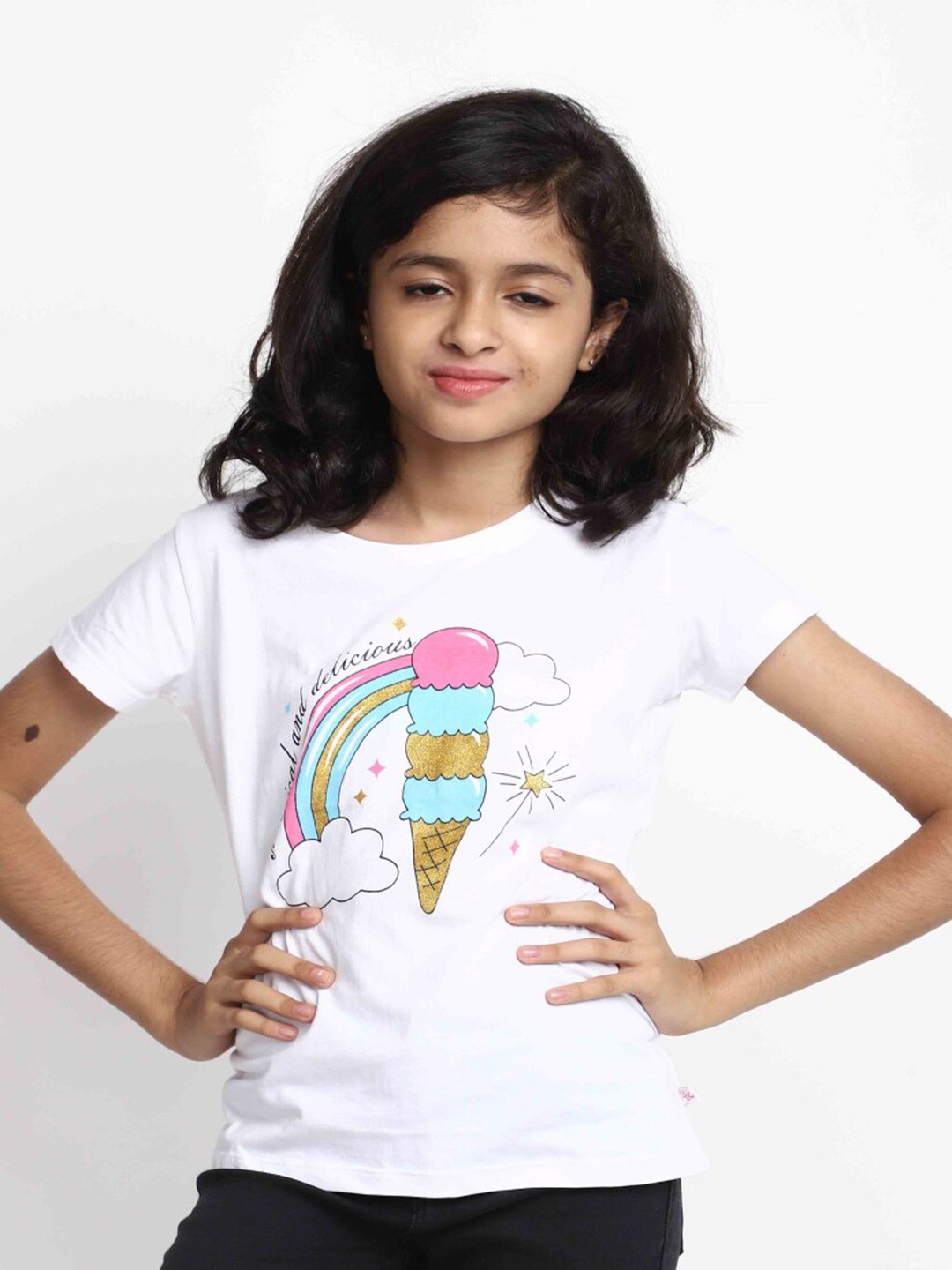 

V-Mart Girls Graphic Printed Cotton T-Shirt, White