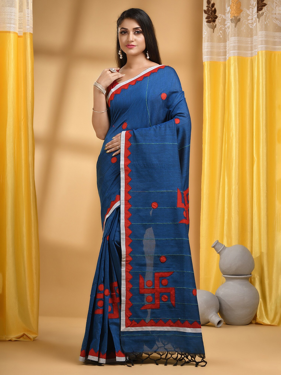 

DESH BIDESH Ethnic Motifs Embroidered Pure Cotton Saree, Blue