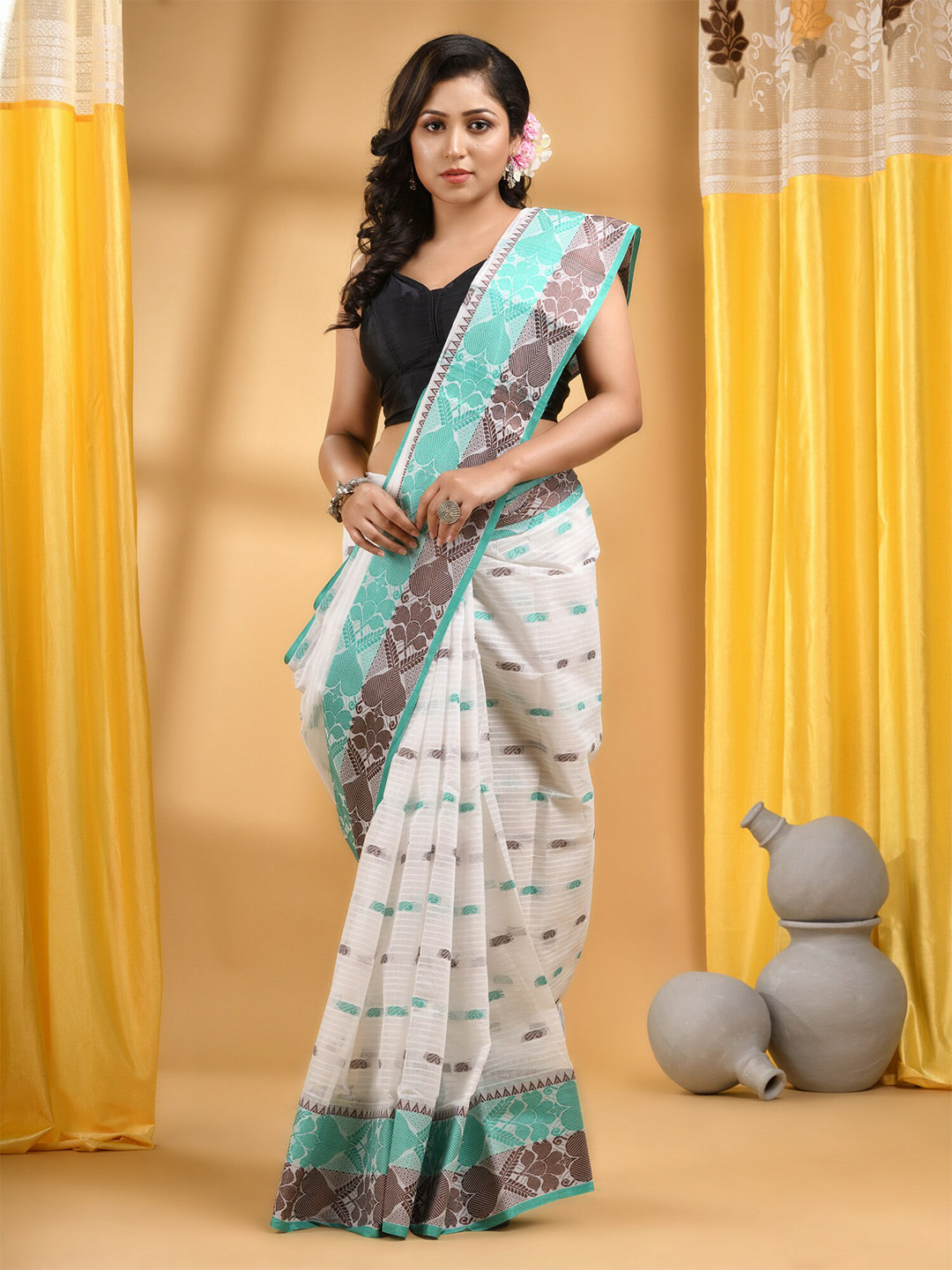 

DESH BIDESH Ethnic Motifs Woven Design Pure Cotton Taant Saree, Turquoise blue