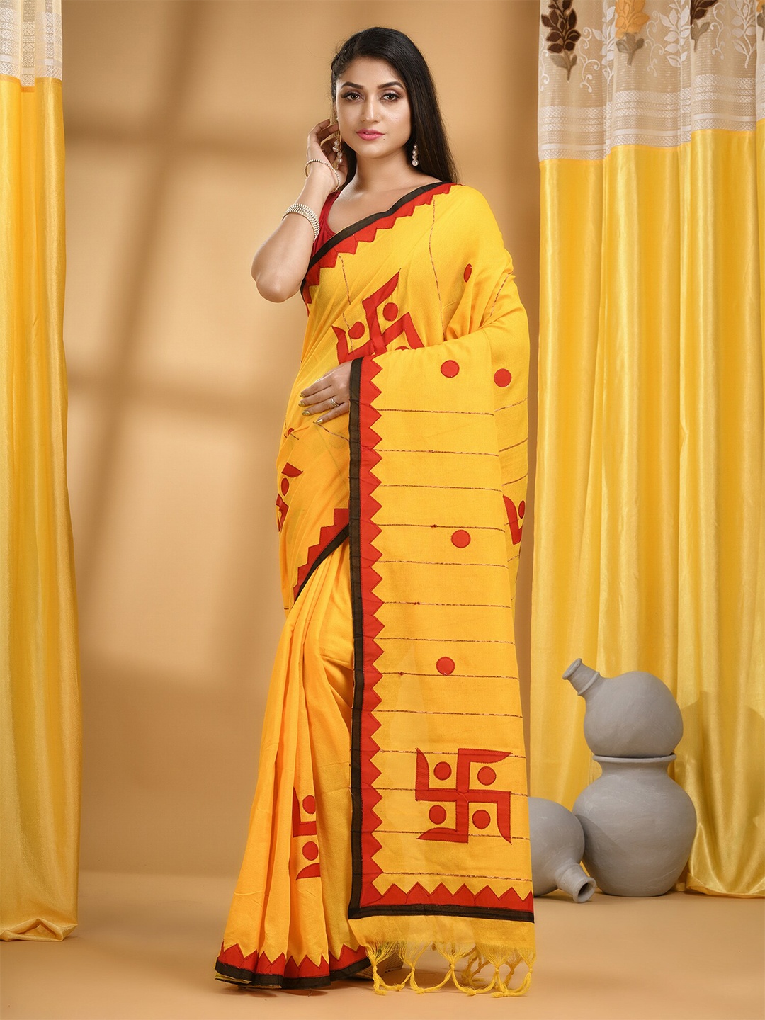 

DESH BIDESH Ethnic Motifs Embroidered Pure Cotton Saree, Yellow