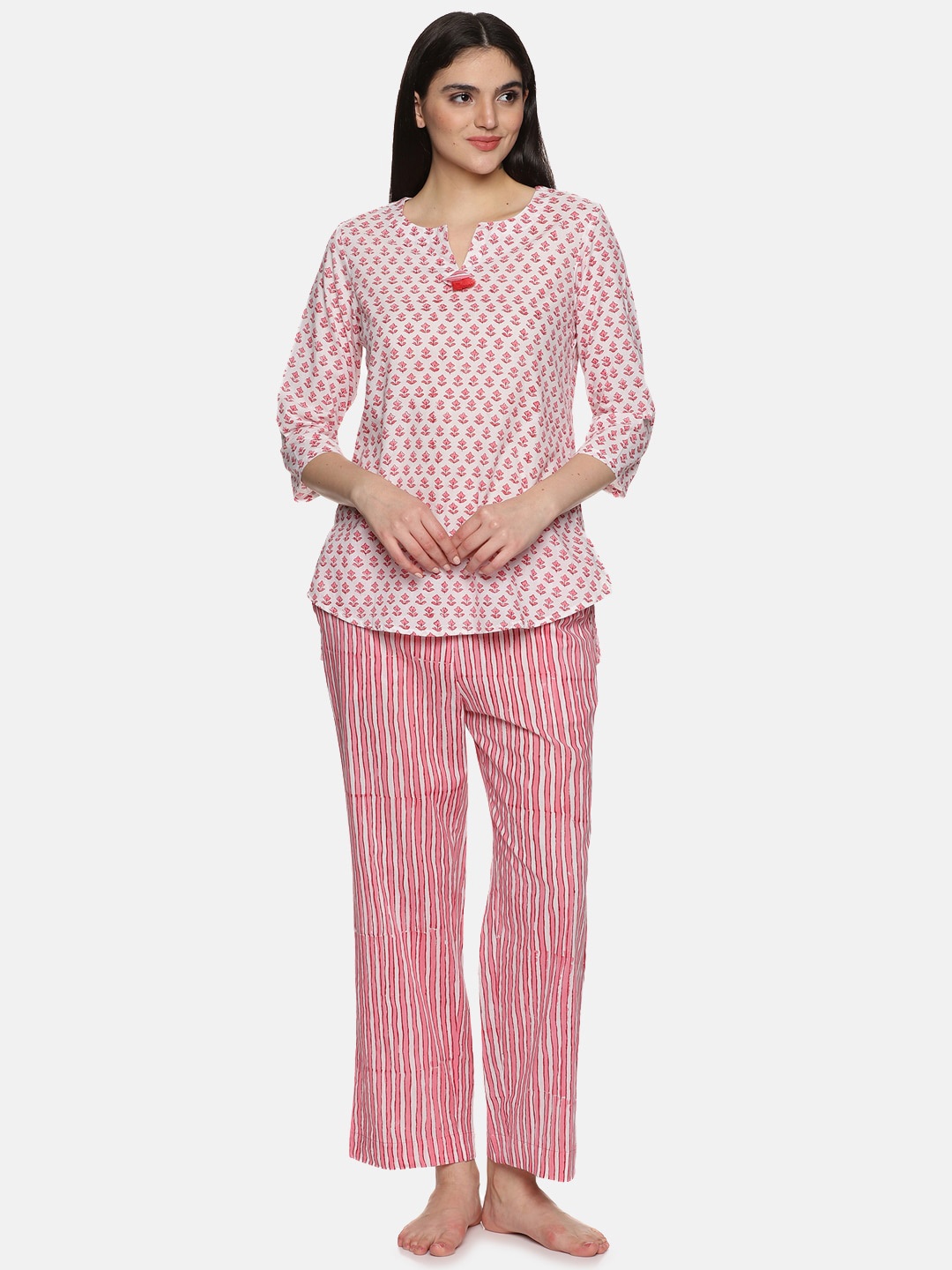 

JAIPURIBANNO Floral Printed Round Neck Pure Cotton Night suits, Pink