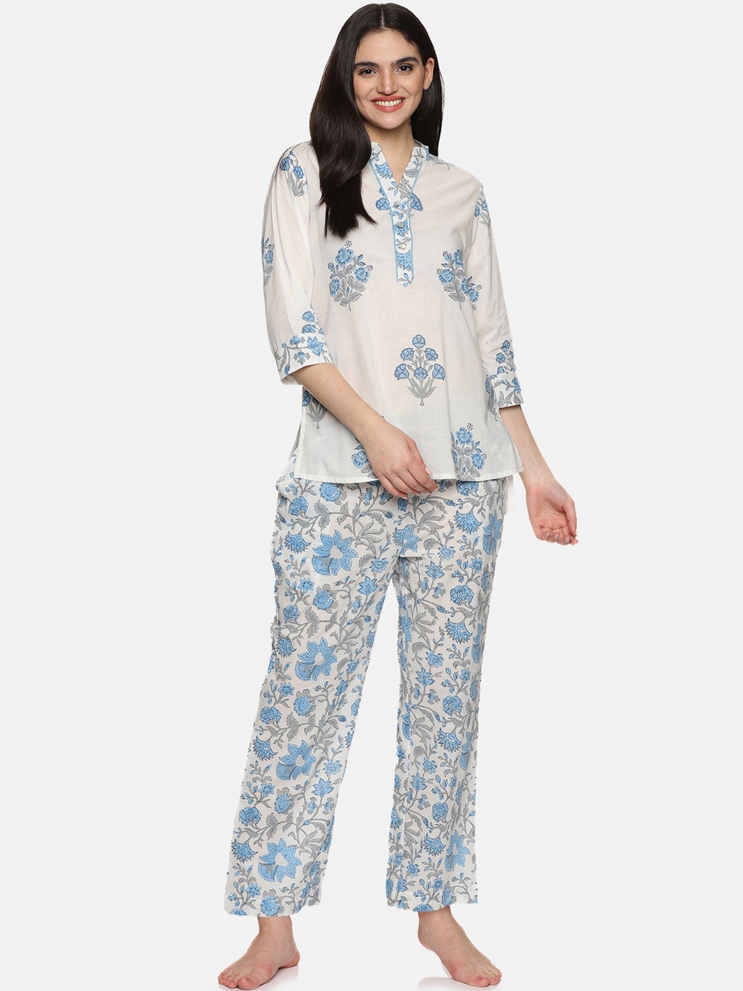 

JAIPURIBANNO Floral Printed Mandarin Collar Pure Cotton Top With Pyjamas, Blue