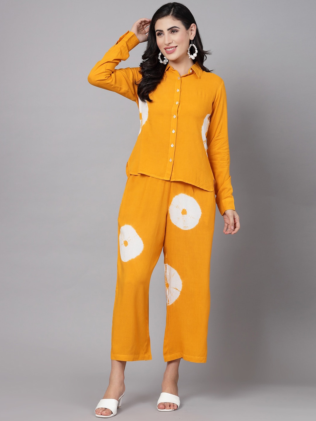 

kipek Mustard Yellow Tie & Dye Printed Long Sleeve Shirt With Trousers