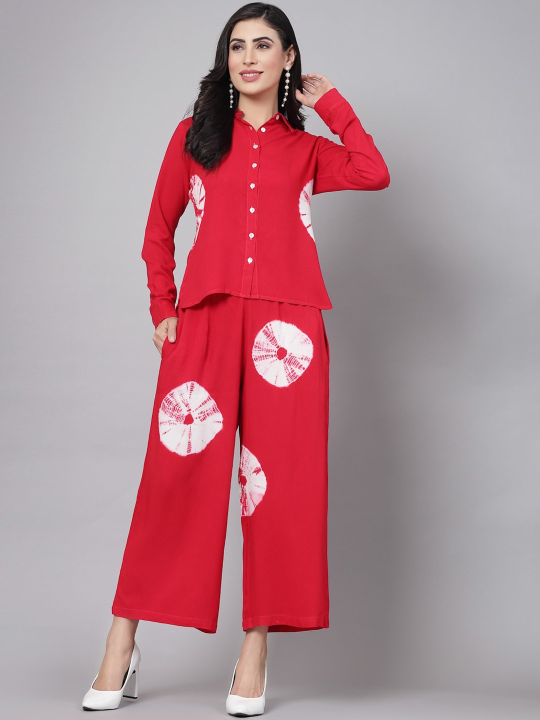 

kipek Tie & Dyed Printed Full Sleeves & Shirt Collar with Palazzo, Red