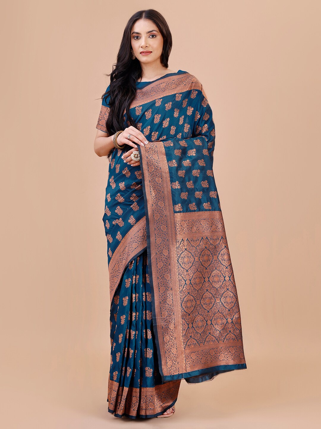 

MAGMINA Ethnic Motifs Woven Design Zari Kanjeevaram Saree, Blue