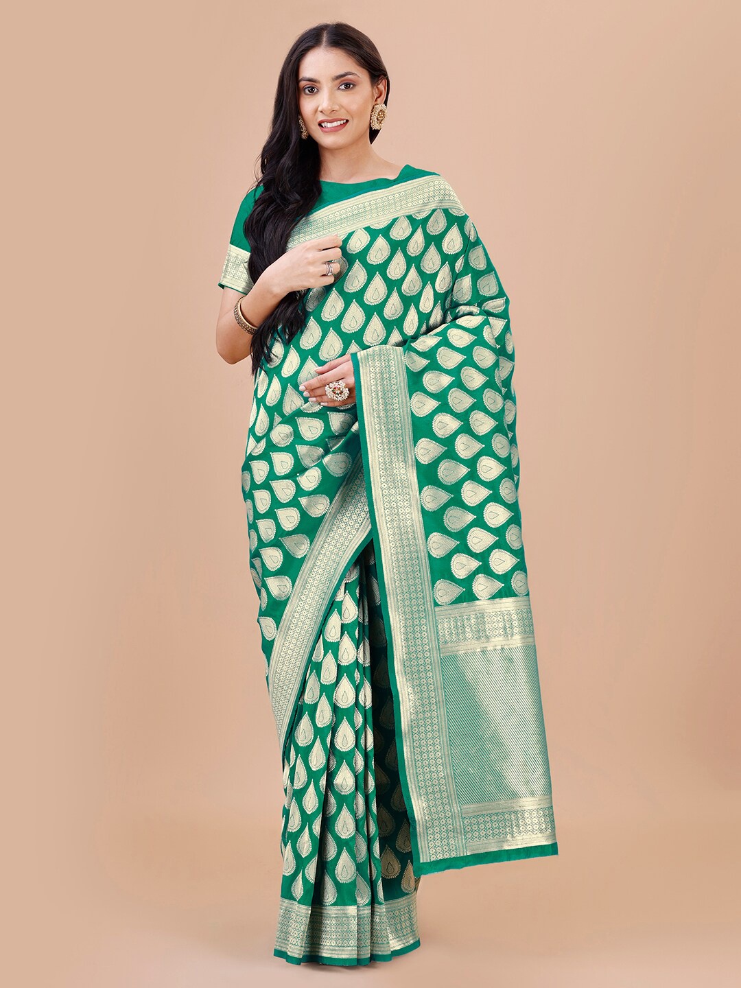 

MAGMINA Ethnic Motifs Woven Design Zari Banarasi Saree, Green