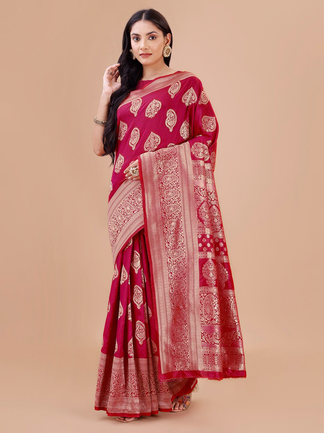 

MAGMINA Ethnic Motif Woven Design Zari Banarasi Saree, Pink