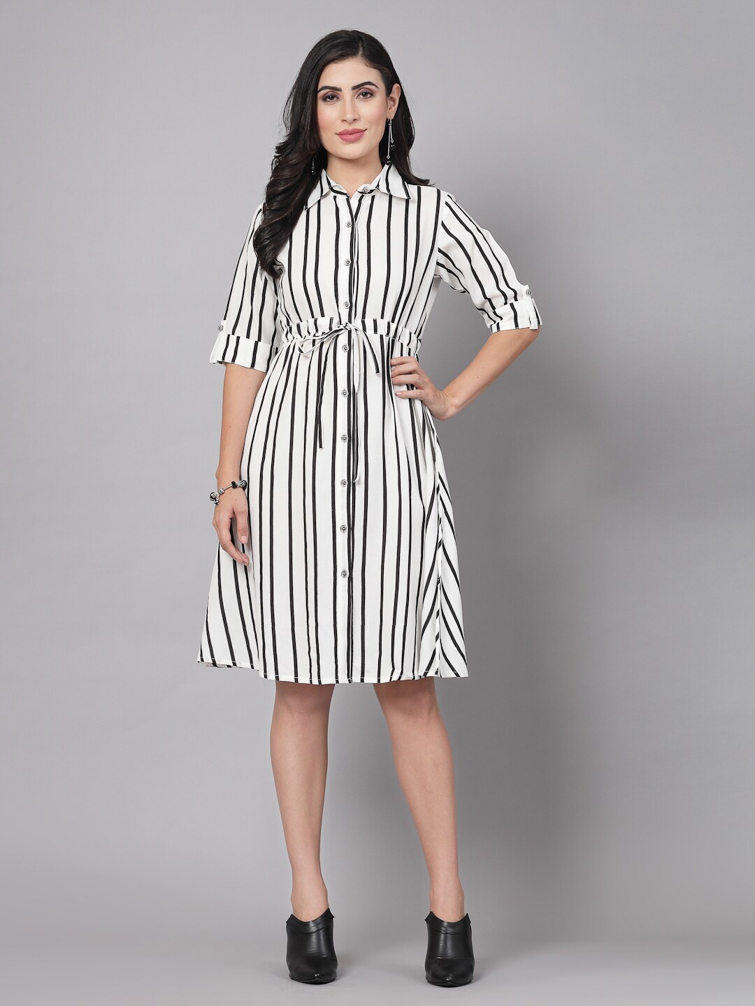 

kipek White & Black Striped Shirt Collar Roll-Up Sleeves Shirt Style Dress
