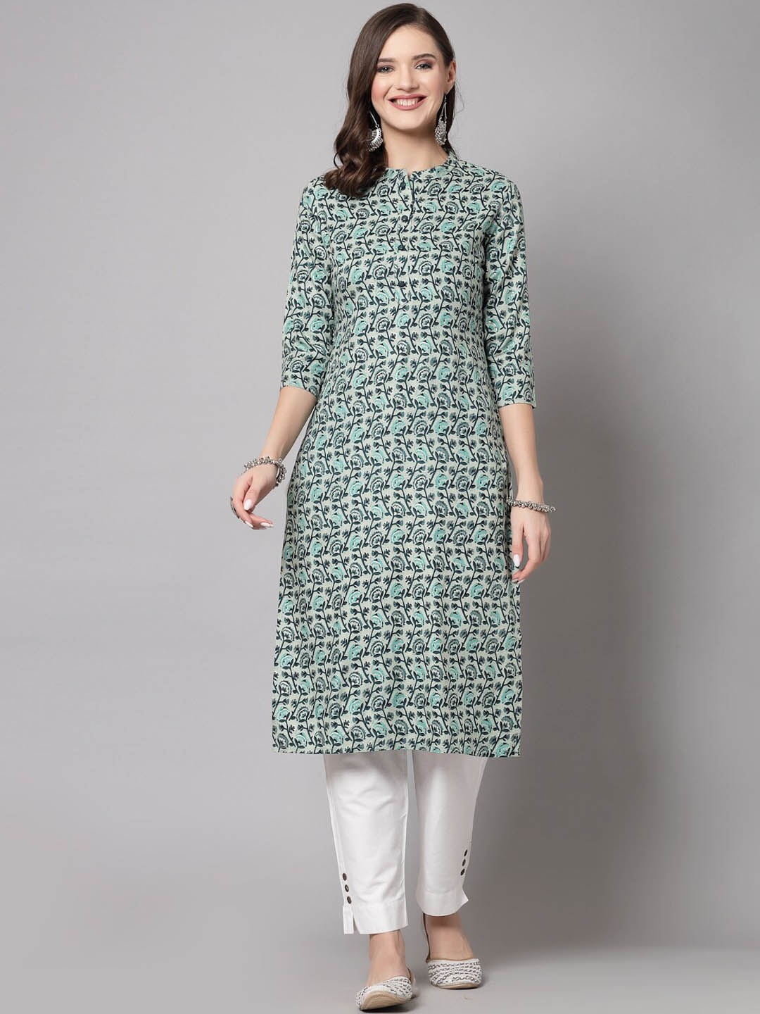 

kipek Geometric Printed Mandarin Collar Straight Kurta, Green