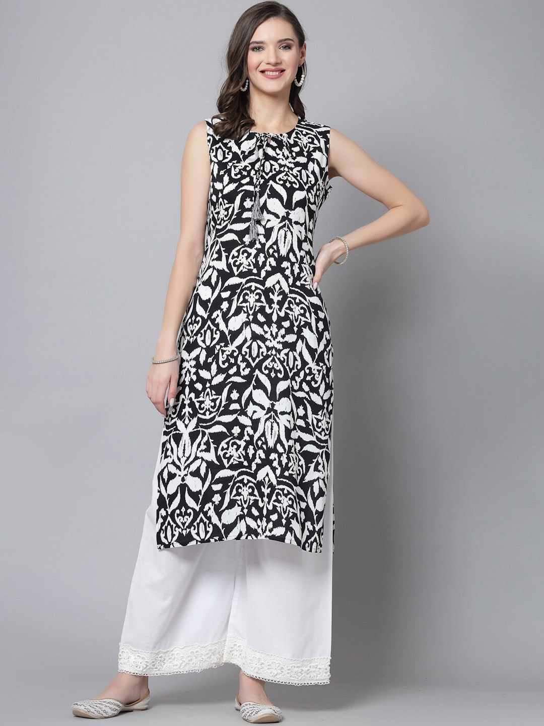 

kipek Black Floral Printed Tie-Up Neck A-Line Kurta