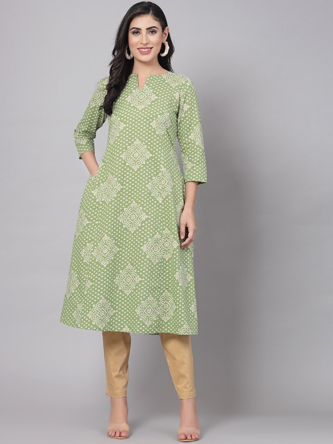 

kipek Ethnic Motifs Printed Flared A-Line Kurta, Green