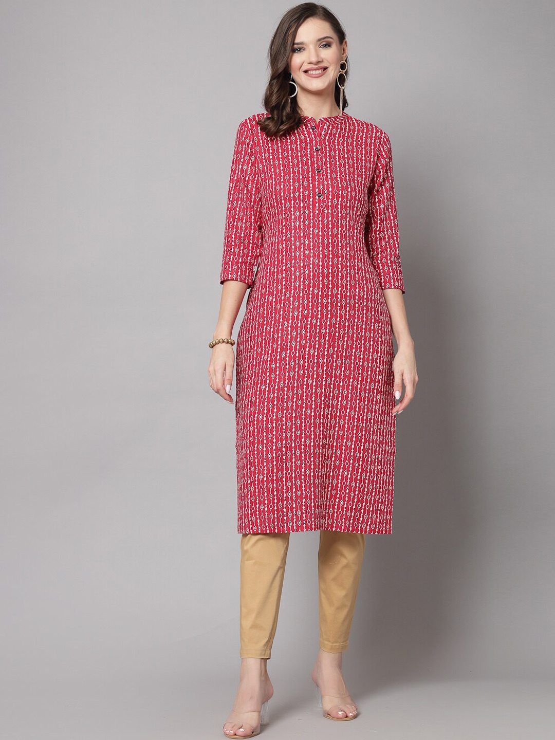 

kipek Red Floral Printed Mandarin Collar Straight Kurta