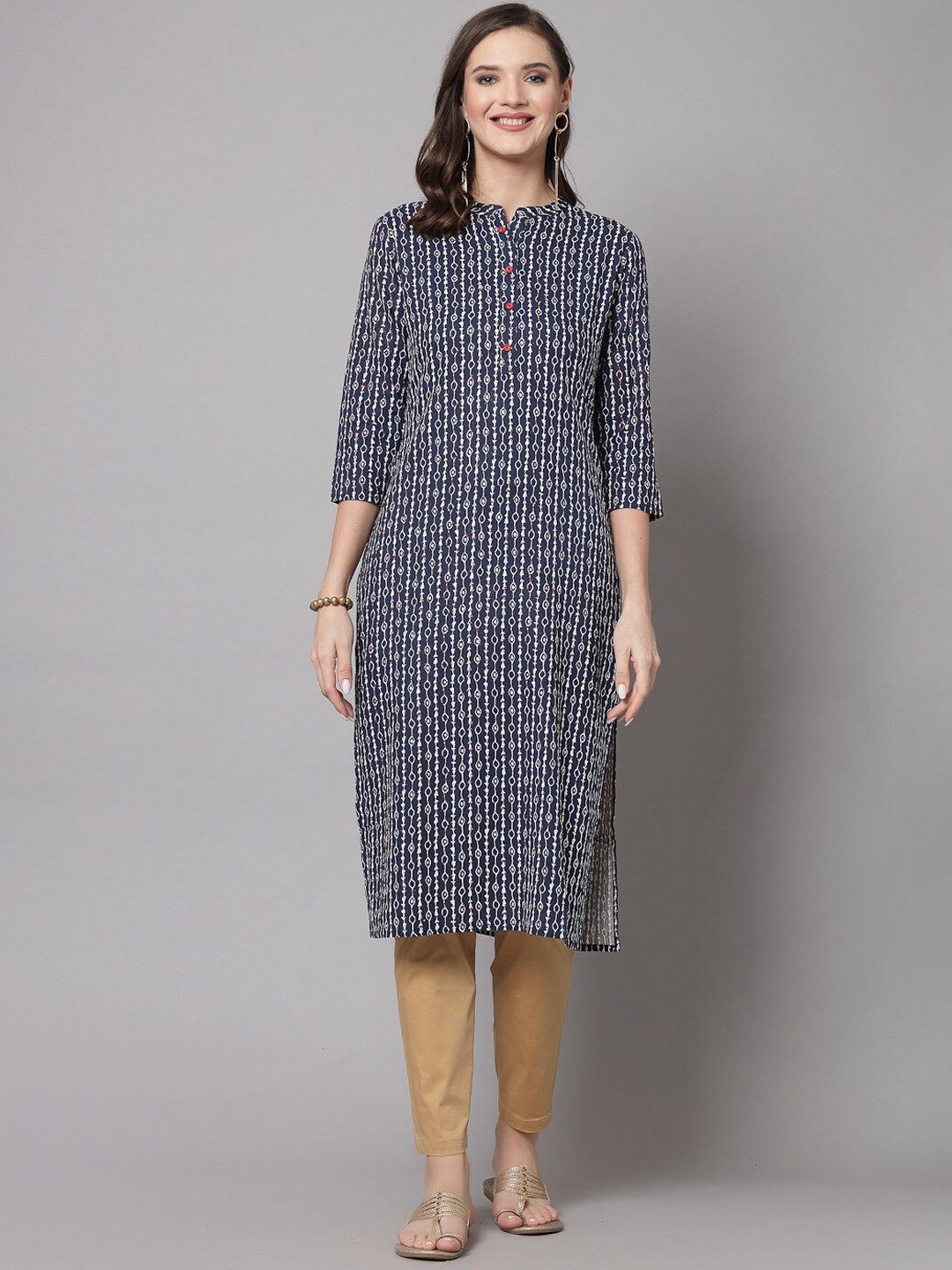 

kipek Geometric Printed Mandarin Collar Straight Kurta, Navy blue