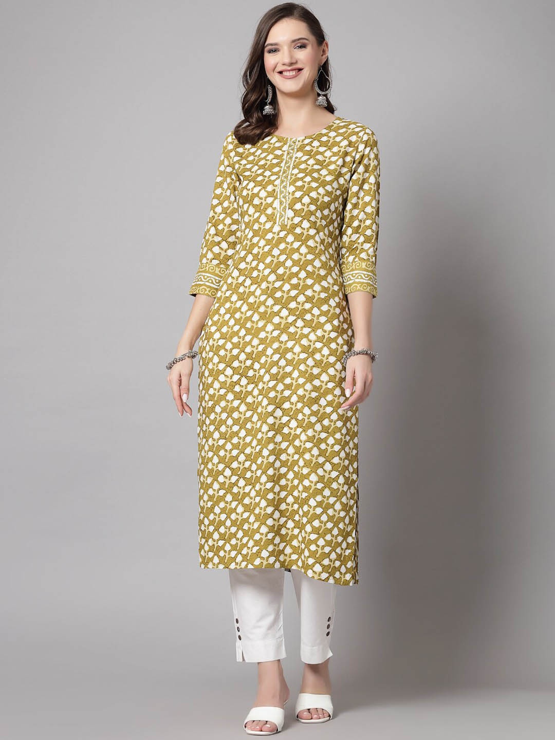 

kipek Ethnic Motifs Printed Straight Kurta, Green