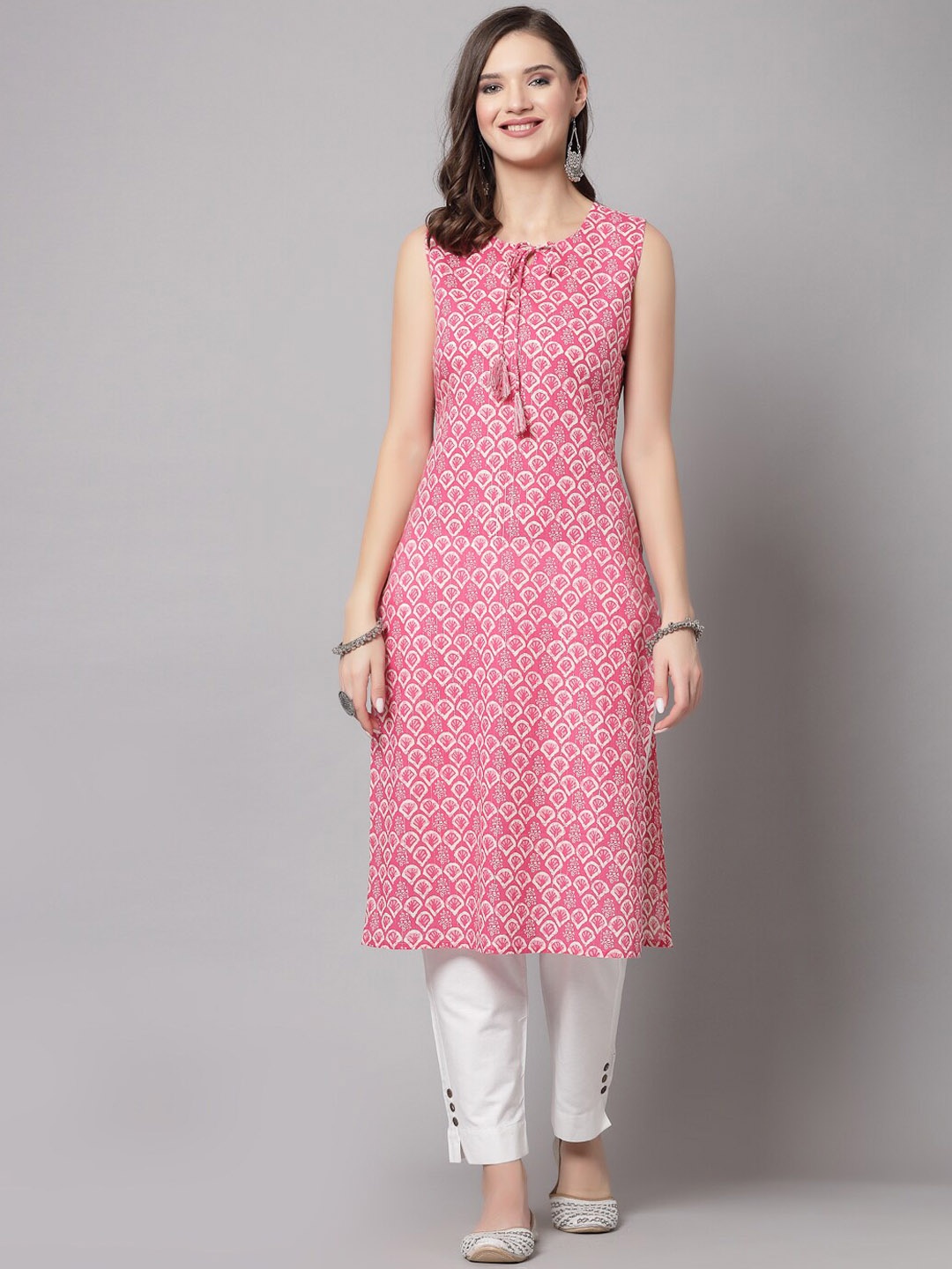 

kipek Geometric Printed Tie-Up Neck Sleeveless A-Line Kurta, Pink