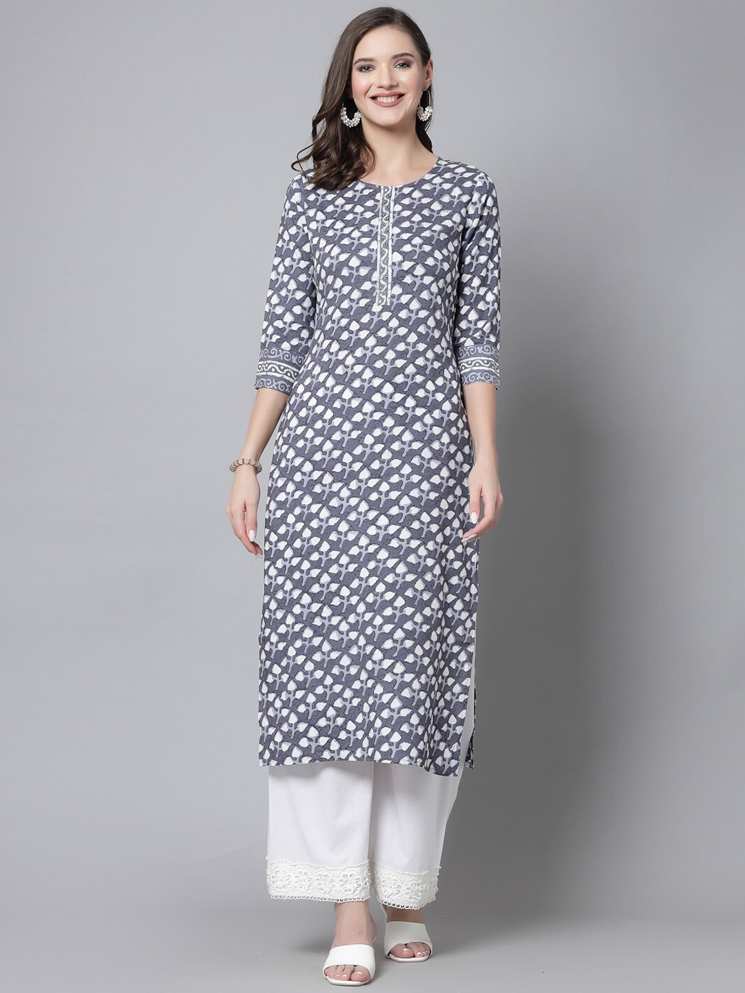 

kipek Ethnic Motifs Printed Straight Kurta, Grey