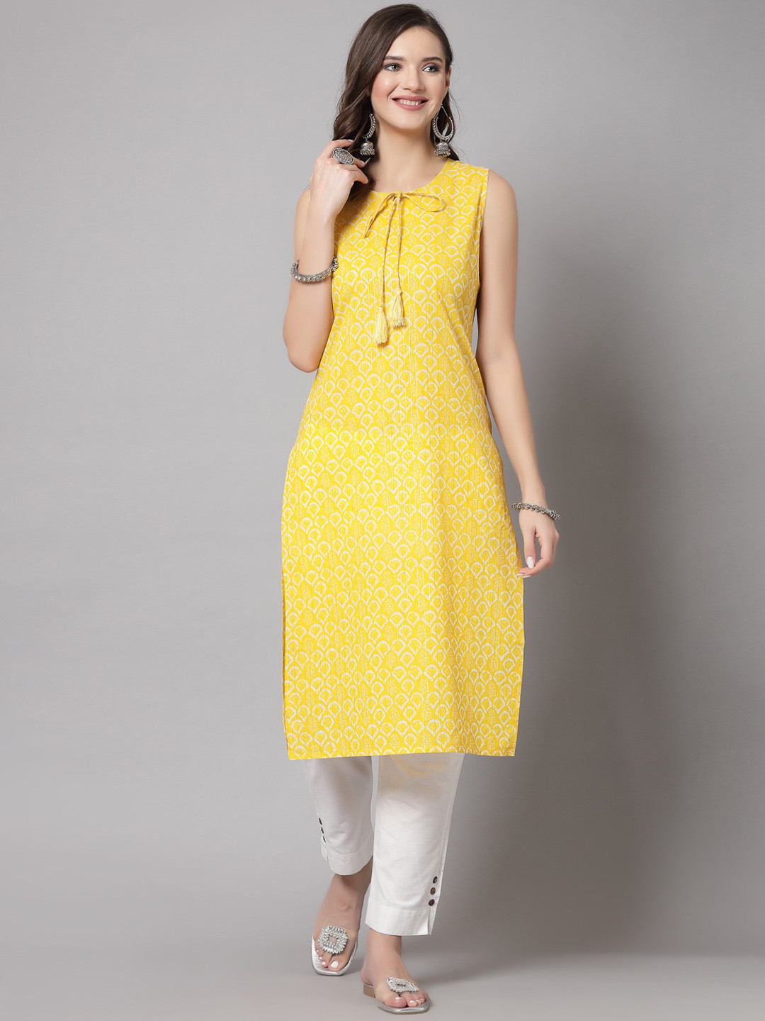 

kipek Geometric Printed Tie-Up Neck Sleeveless A-Line Kurta, Yellow