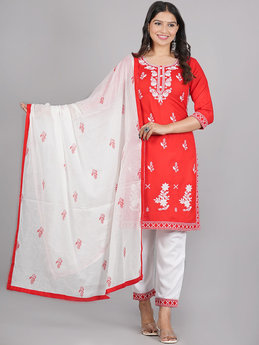 

AARYAHI Ethnic Motifs Embroidered Straight Kurti With Trousers & Dupatta, Red