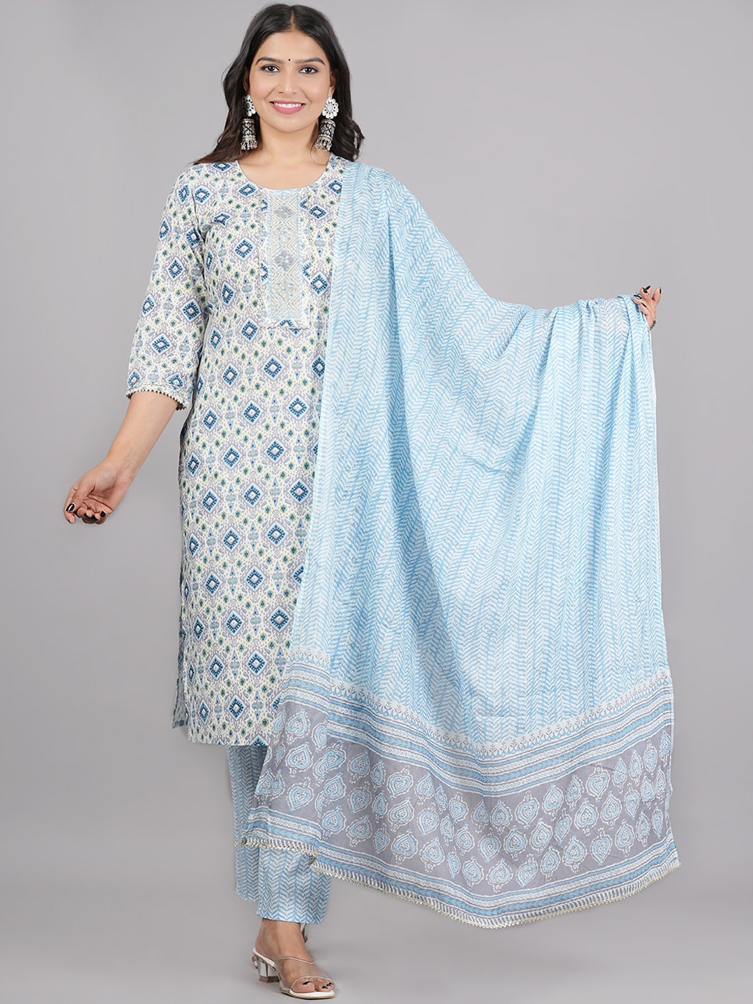 

AARYAHI Ethnic Motifs Printed Pure Cotton Regular Kurta with Trousers & Dupatta, Grey