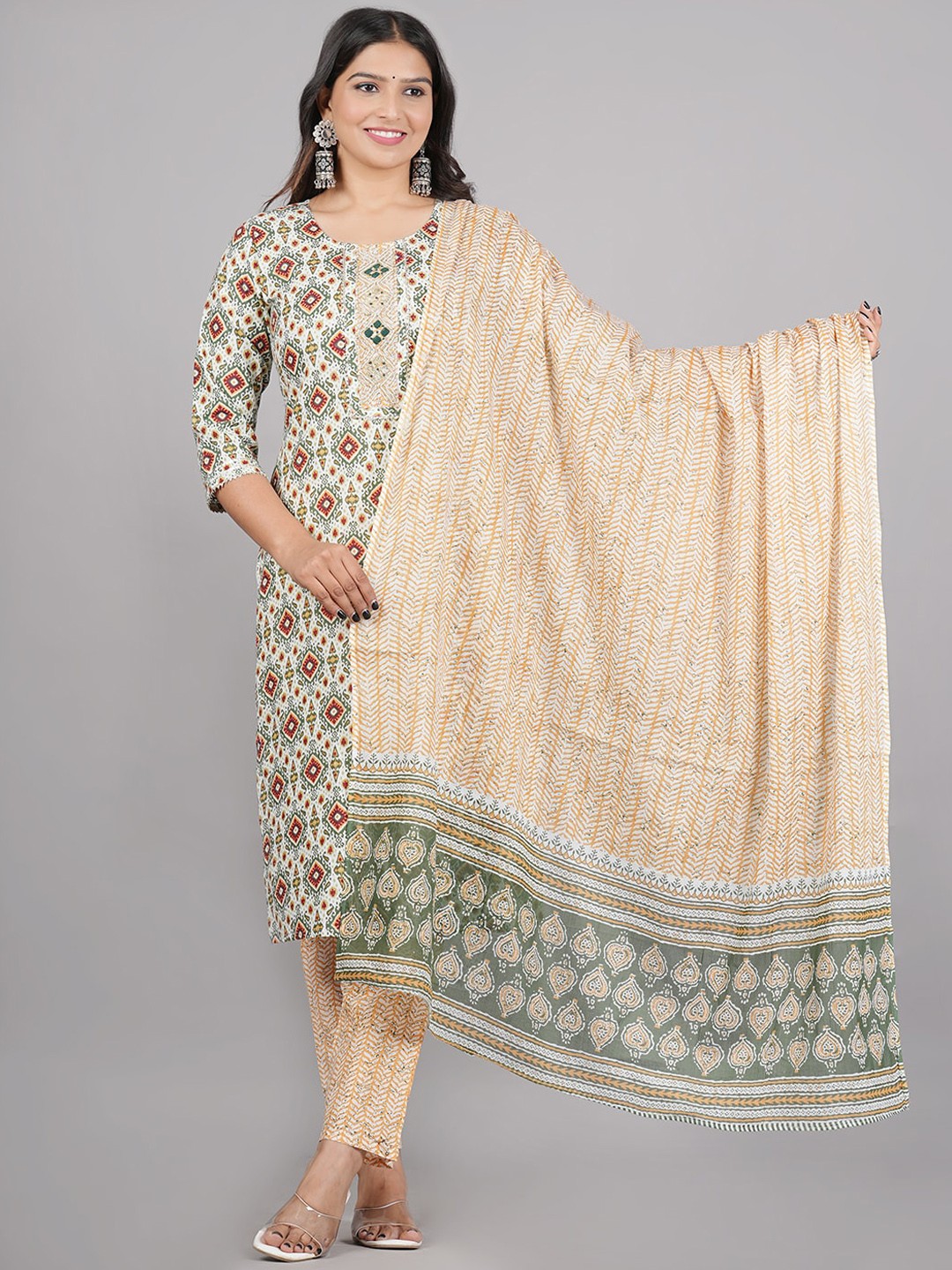

AARYAHI Ethnic Motifs Printed Regular Pure Cotton Kurta With Trousers & Dupatta, Cream