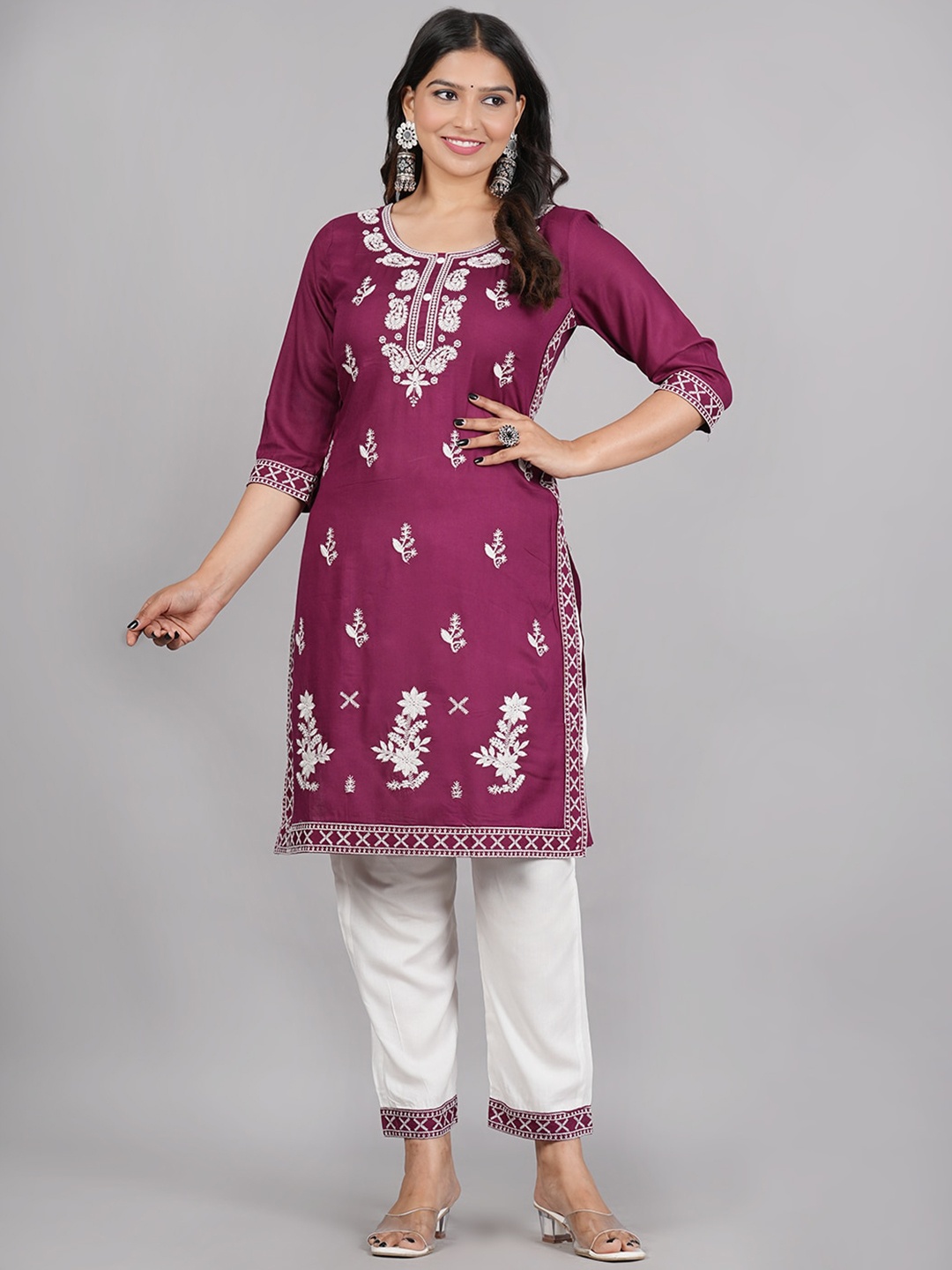 

AARYAHI Ethnic Motifs Embroidered Straight Kurti With Trousers & Dupatta, Maroon