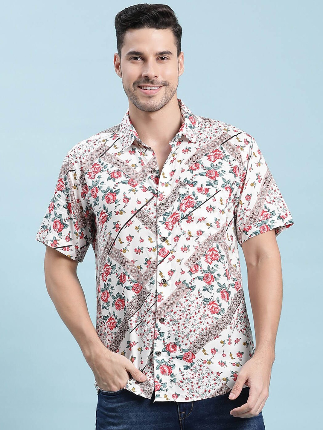 

Kannan Floral Printed Spread Collar Short Sleeves Cotton Casual Shirt, White