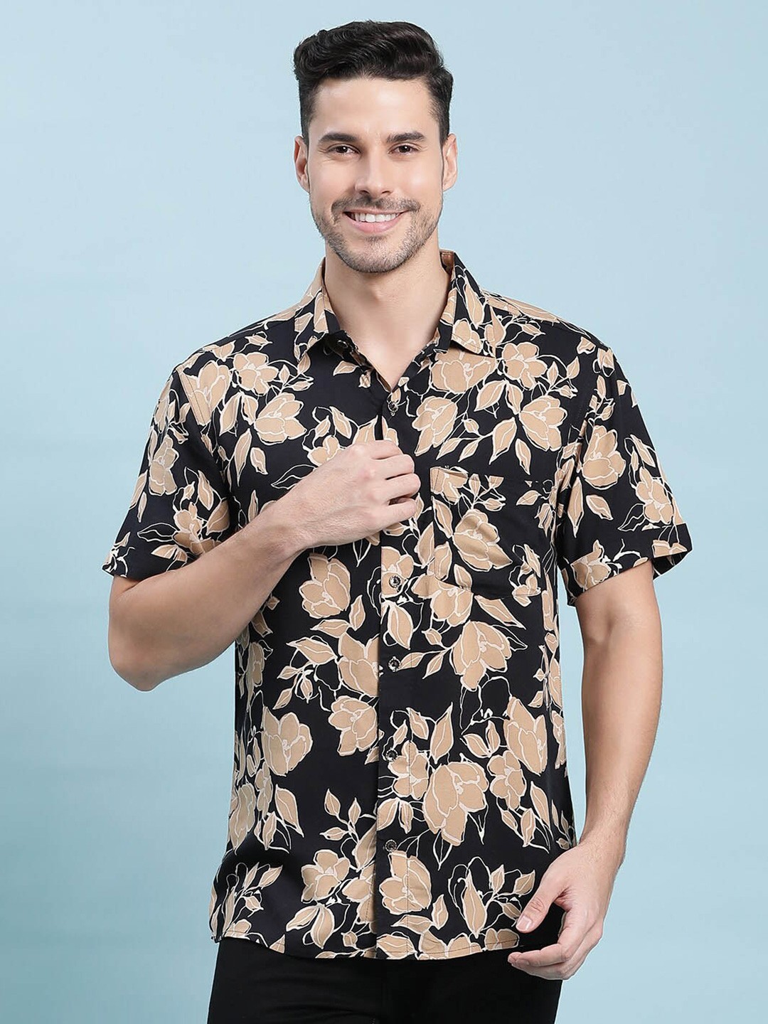 

Kannan Floral Printed Spread Collar Cotton Casual Shirt, Black