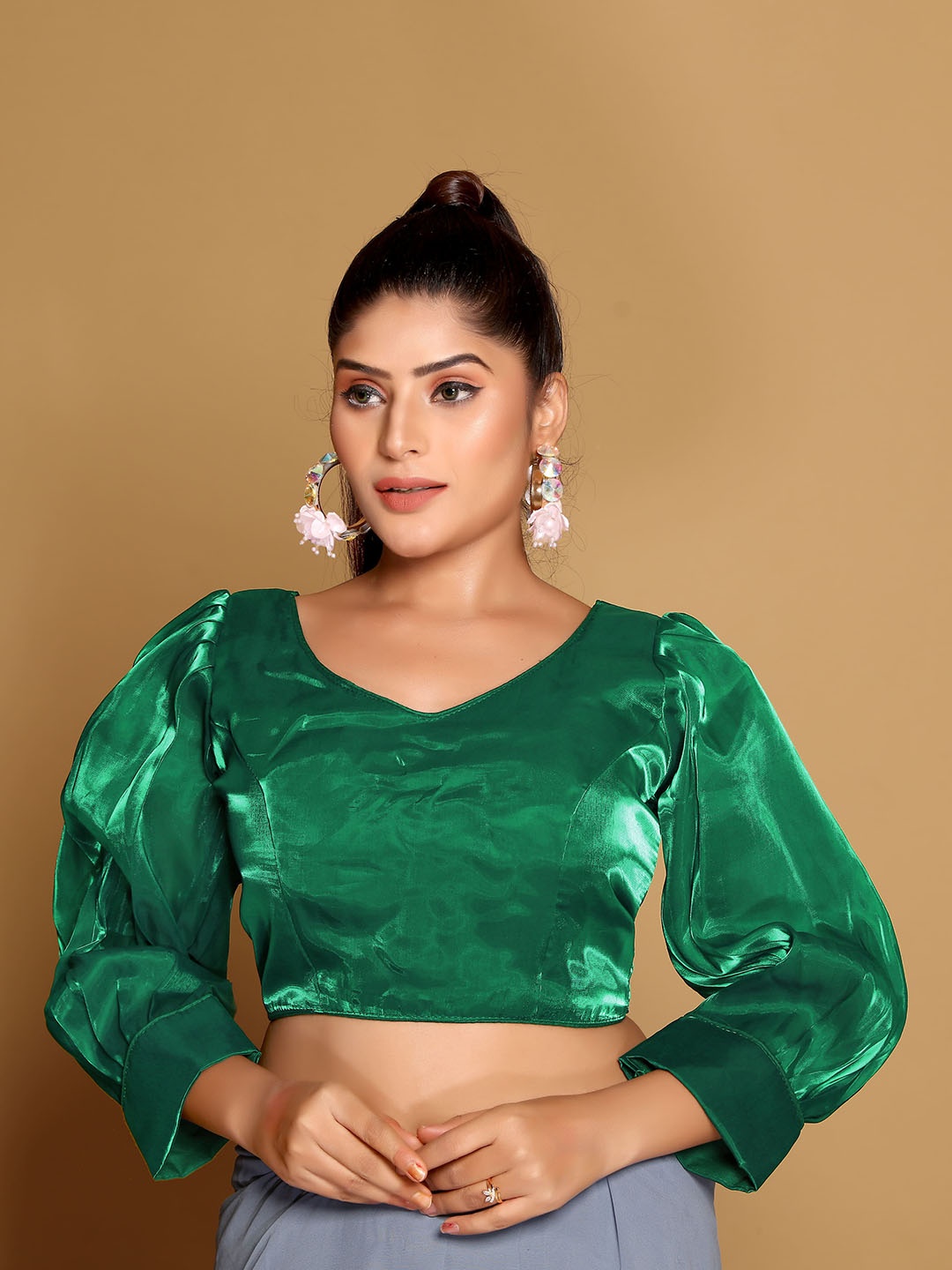 

SCUBE DESIGNS V-Neck Puff Sleeve Organza Saree Blouse, Green