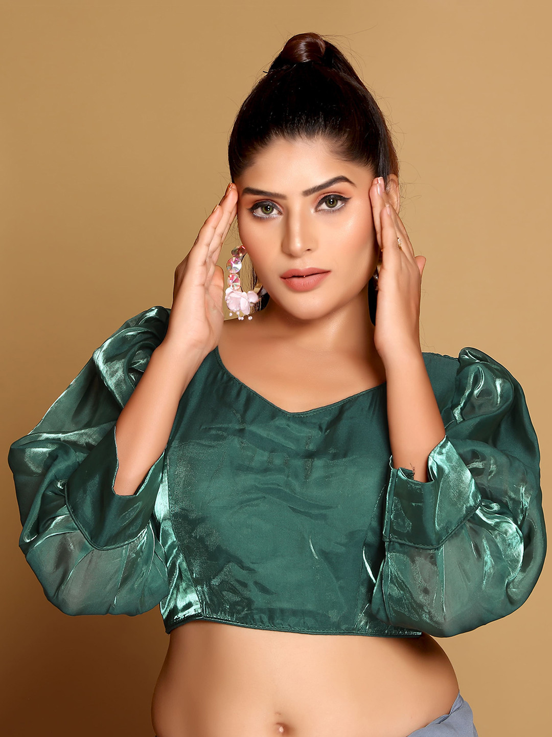 

SCUBE DESIGNS V-Neck Puff Sleeve Organza Saree Blouse, Teal