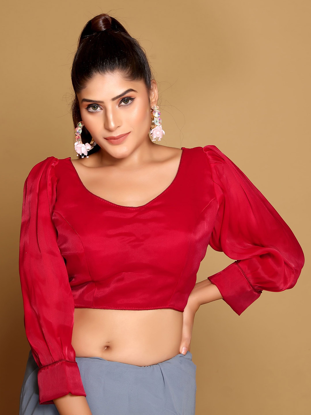 

SCUBE DESIGNS V-Neck Puff Sleeve Organza Saree Blouse, Red