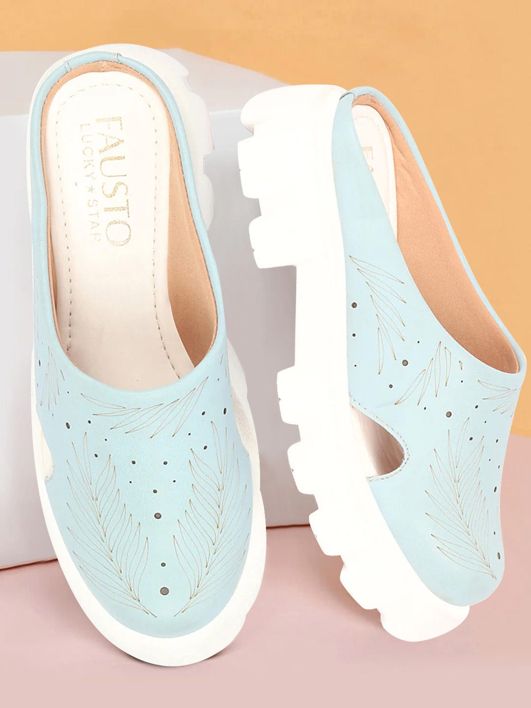 

FAUSTO Women Leaf Printed Laser Cut Lightweight Clogs, Blue