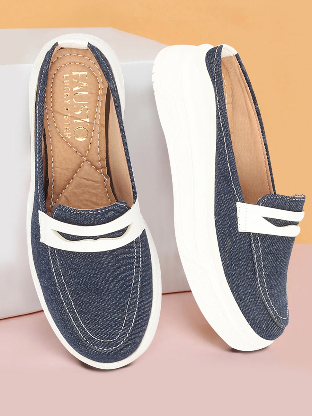 

FAUSTO Women Stitched Denim Lightweight Open Back Loafers, Navy blue