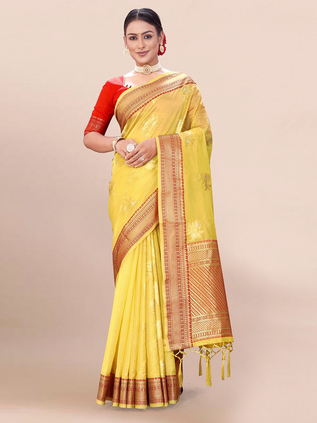 

Pisara Ethnic Motifs Woven Design Zari Organza Saree, Yellow