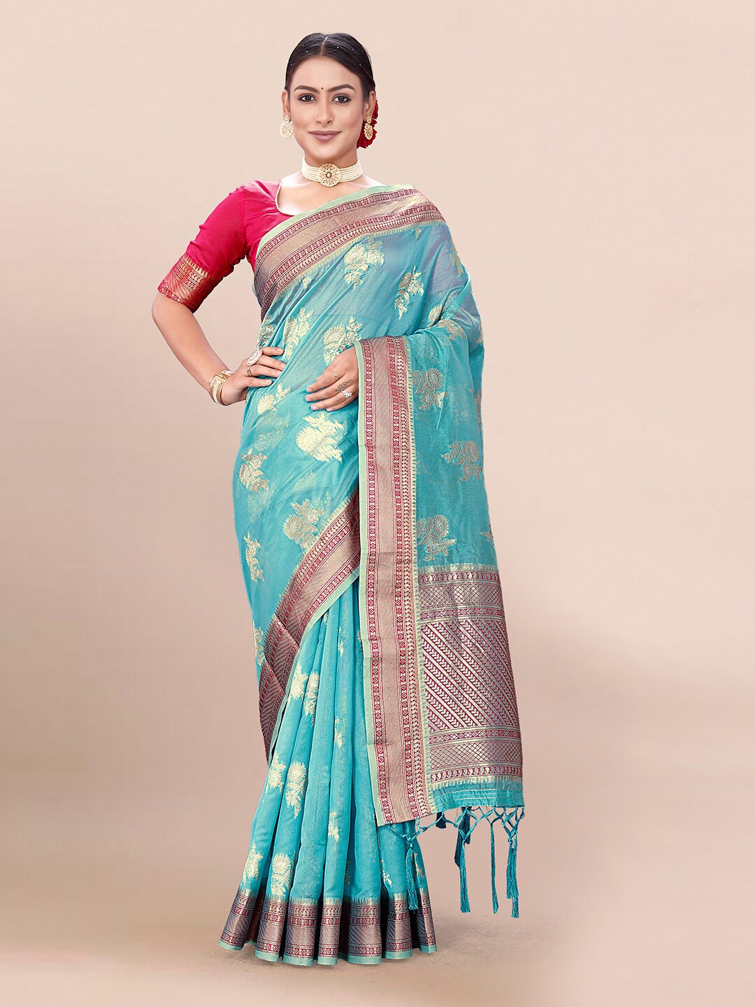 

Pisara Ethnic Motifs Printed Zari Saree, Turquoise blue