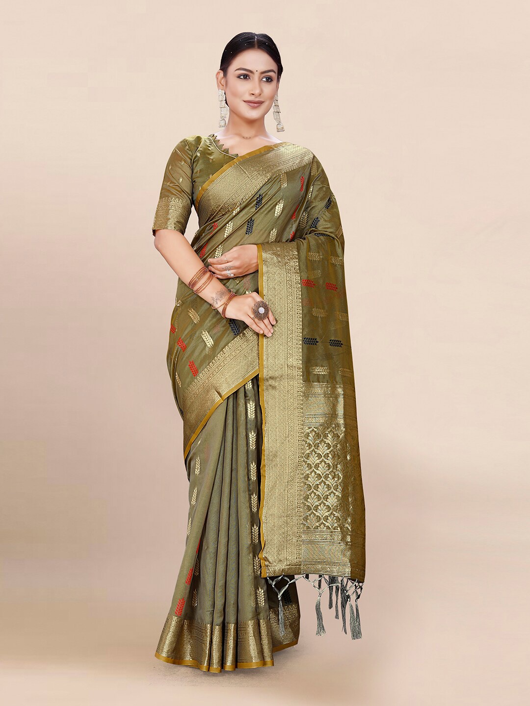 

Pisara Ethnic Motifs Woven Design Zari Organza Saree, Olive