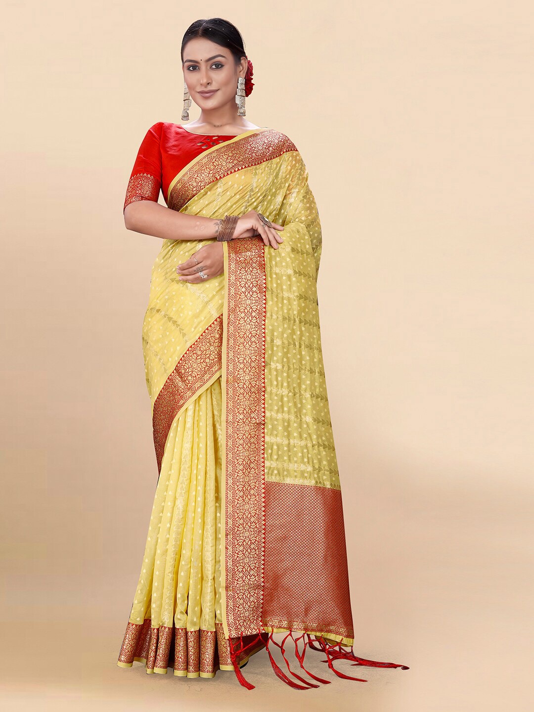 

Pisara Ethnic Motifs Woven Design Zari Organza Saree, Yellow