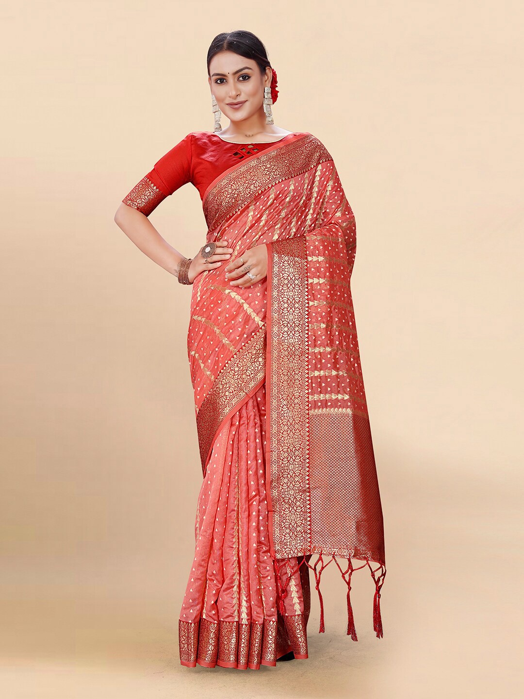 

Pisara Ethnic Motifs Woven Design Zari Organza Saree, Peach