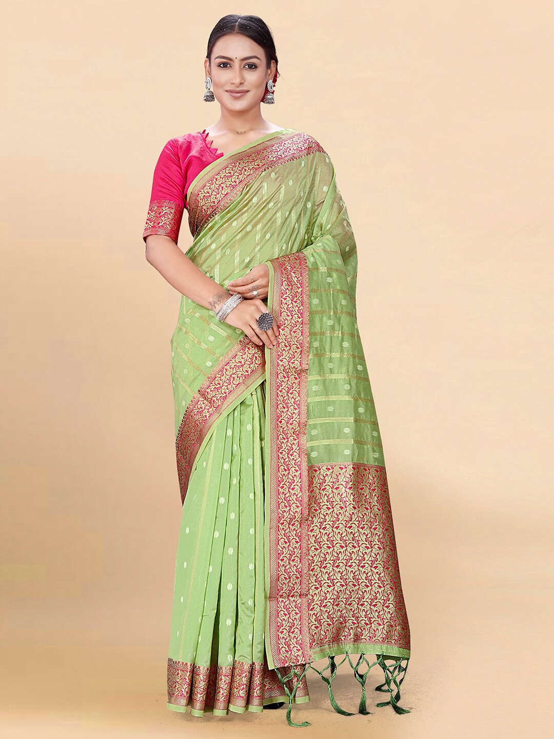 

Pisara Woven Design Zari Saree, Olive