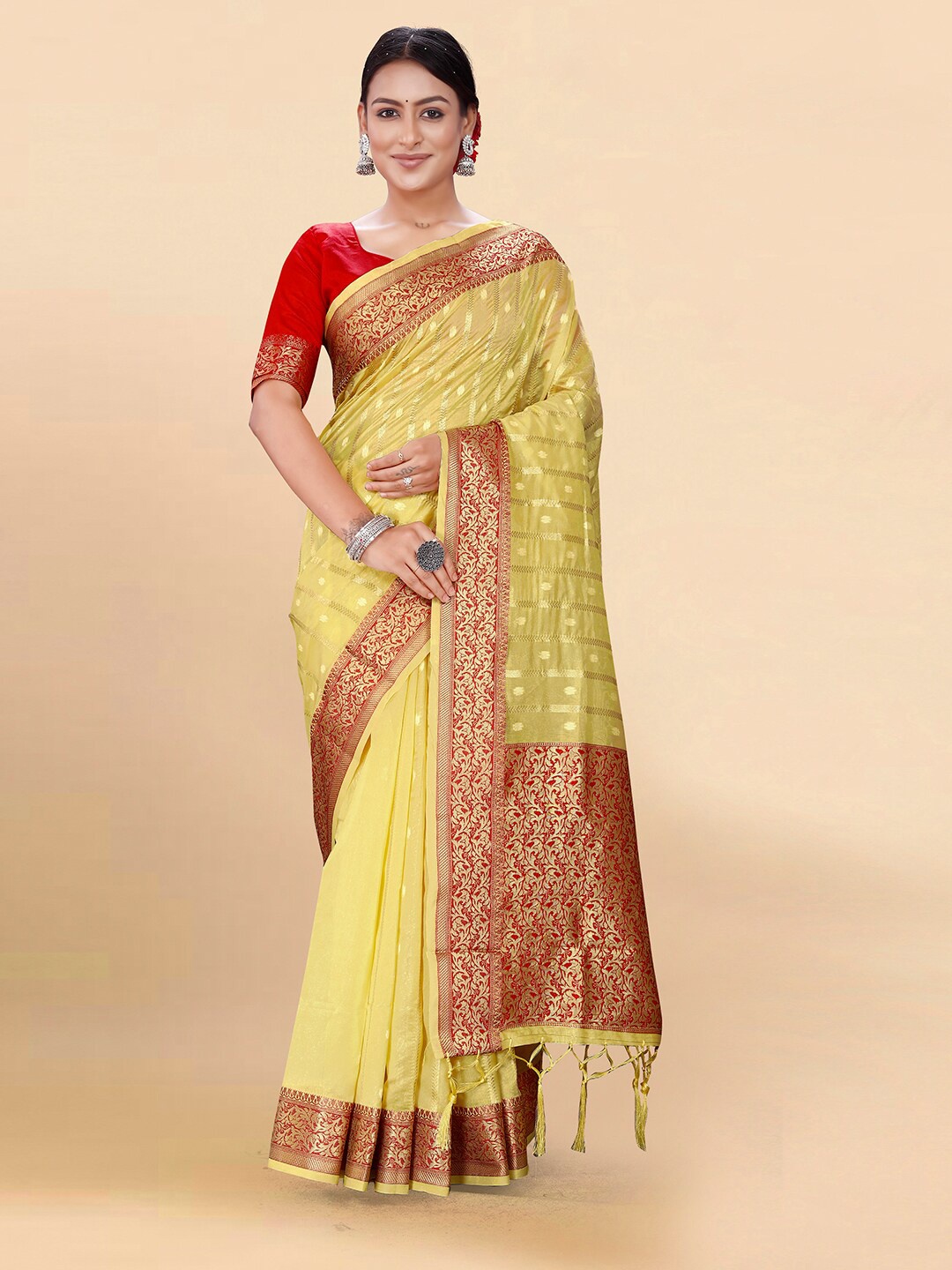 

Pisara Ethnic Motifs Woven Design Zari Organza Saree, Yellow