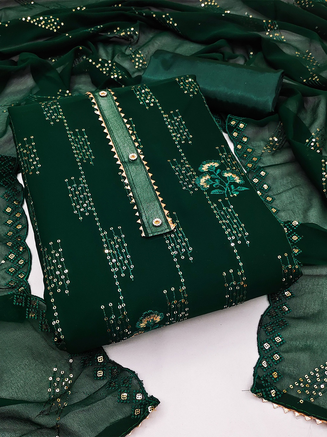 

KALINI Embroidered Sequinned Silk Georgette Unstitched Dress Material, Green