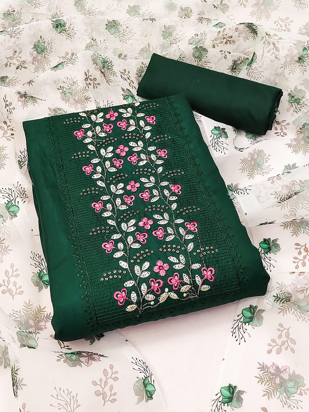 

KALINI Floral Embroidered Unstitched Dress Material, Green